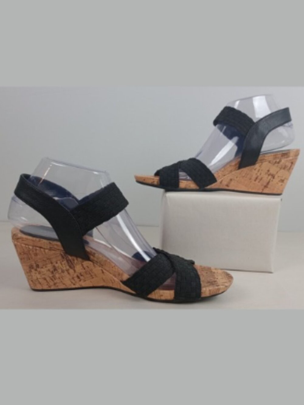 Flex Step Womens 8 Black Straps Lattice Toe Cork Mid Height Heel Wedge Sandels - Picture 2 of 13